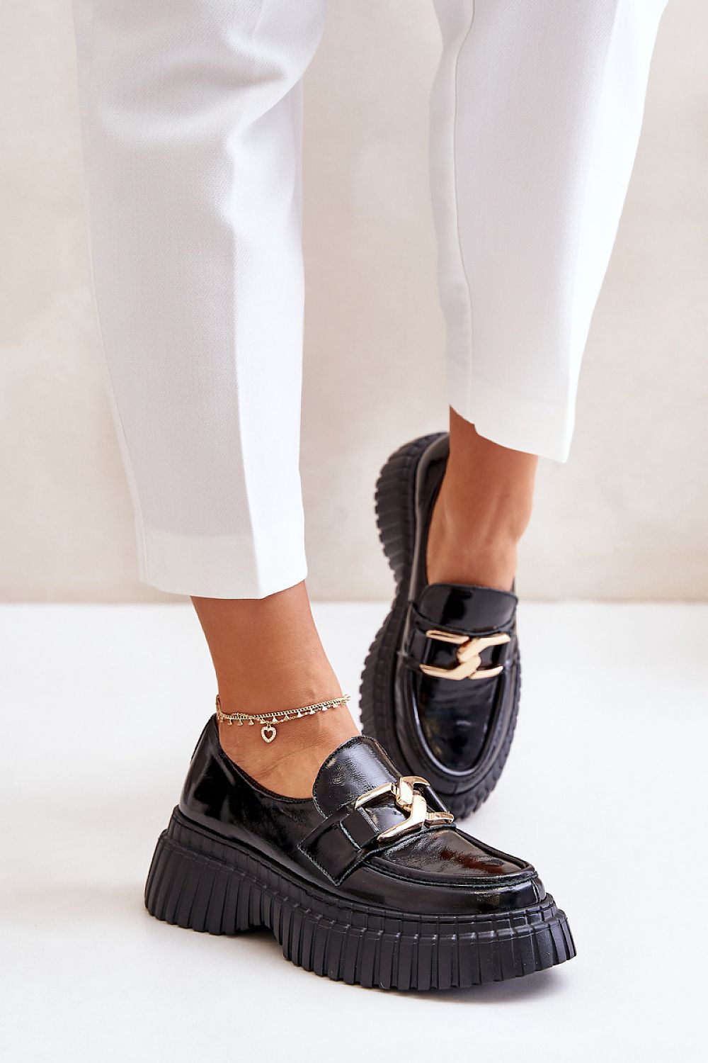 Women's Natural Leather Half Shoes with Chain Detail and Platform - Stylish Comfort for Everyday Wear