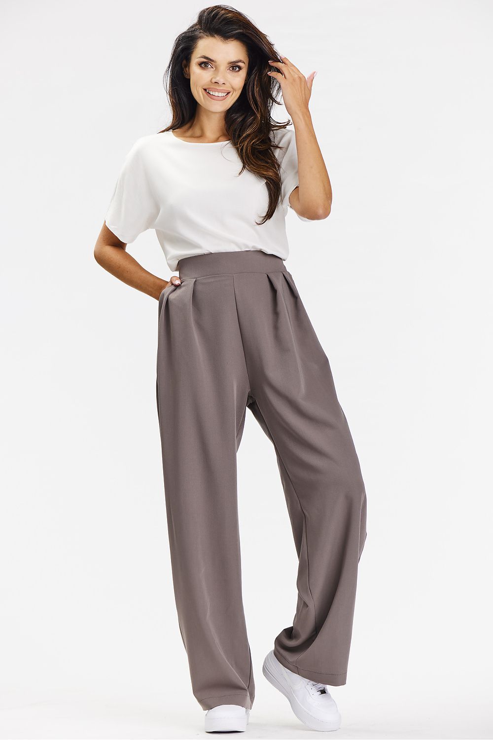 Elegant Gray Wide-Leg Trousers for Women - Comfort Fit Viscose Fabric by Awama