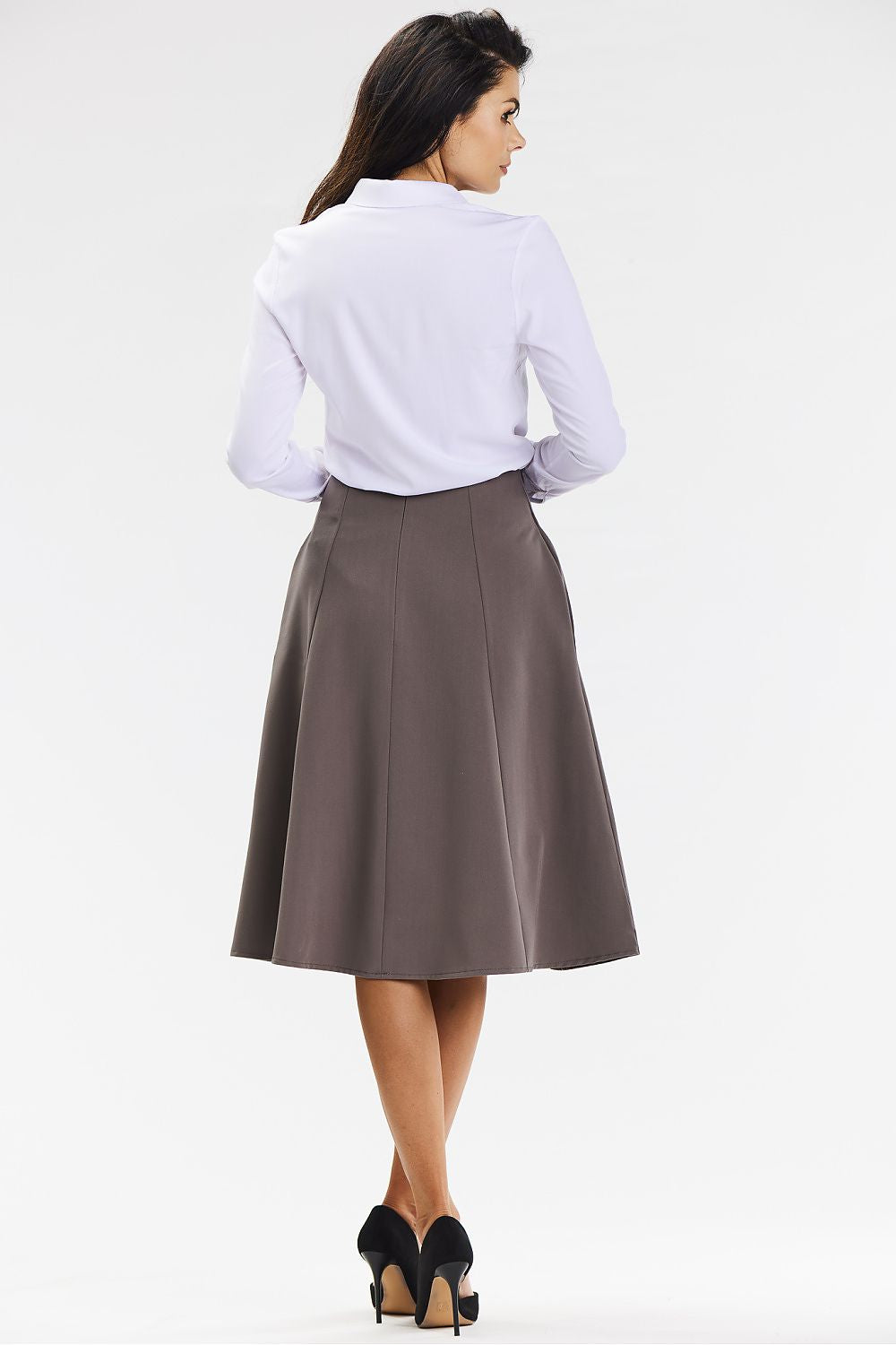 Elegant Flared Midi Skirt in Grey with Covered Zipper - Perfect for Formal and Business Occasions