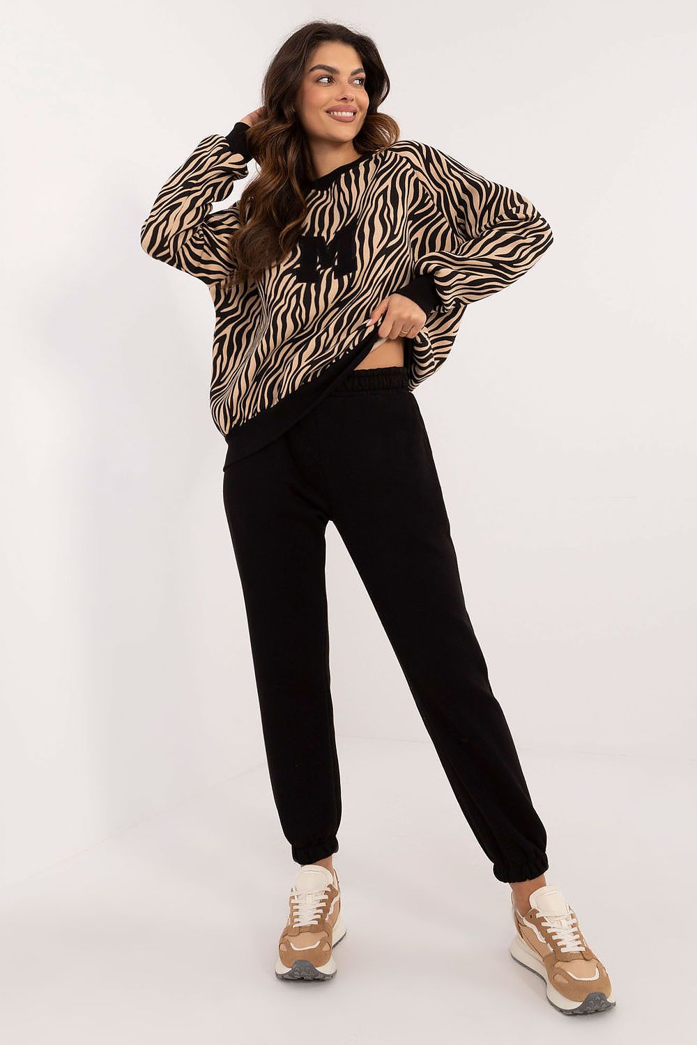 Stylish Casual Women's Set with Animal Print Sweatshirt, Long Sleeve Blouse, and High Waist Trousers