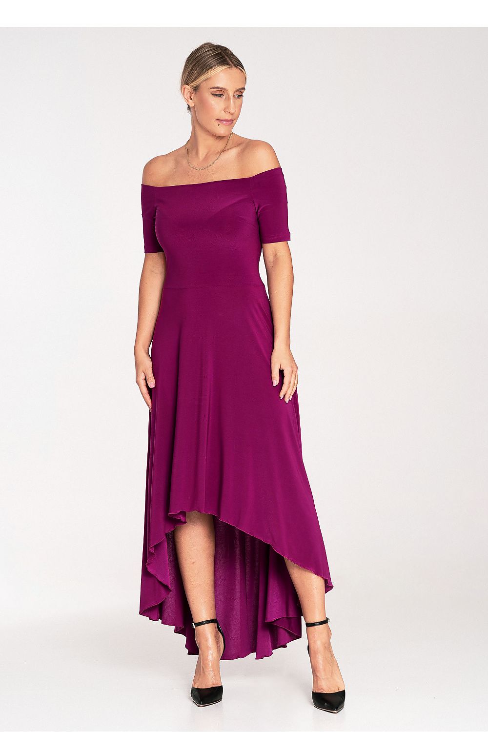 Elegant Asymmetrical Evening Dress by Figl with Flared Hem and Zip Back Closure