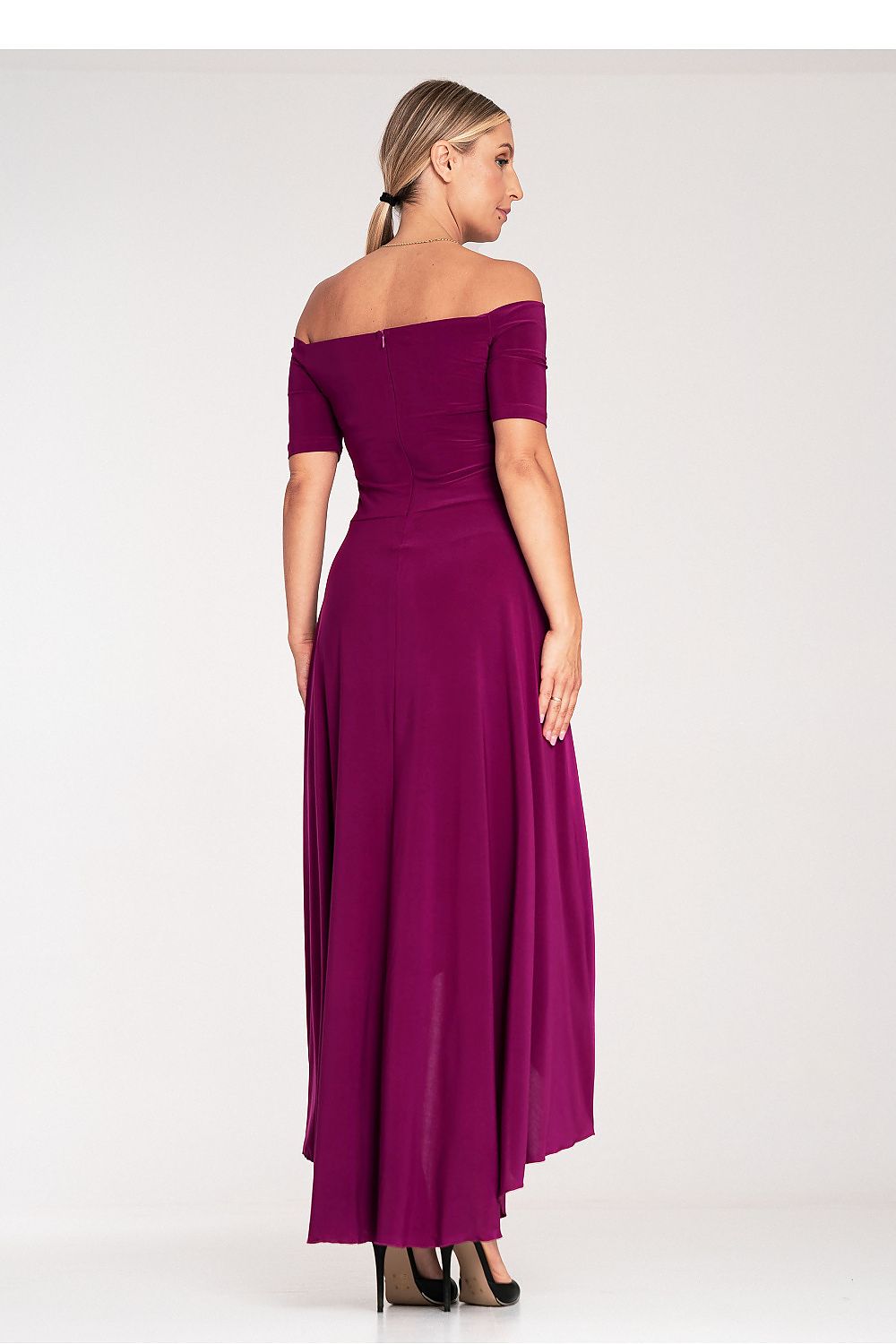 Elegant Asymmetrical Evening Dress by Figl with Flared Hem and Zip Back Closure