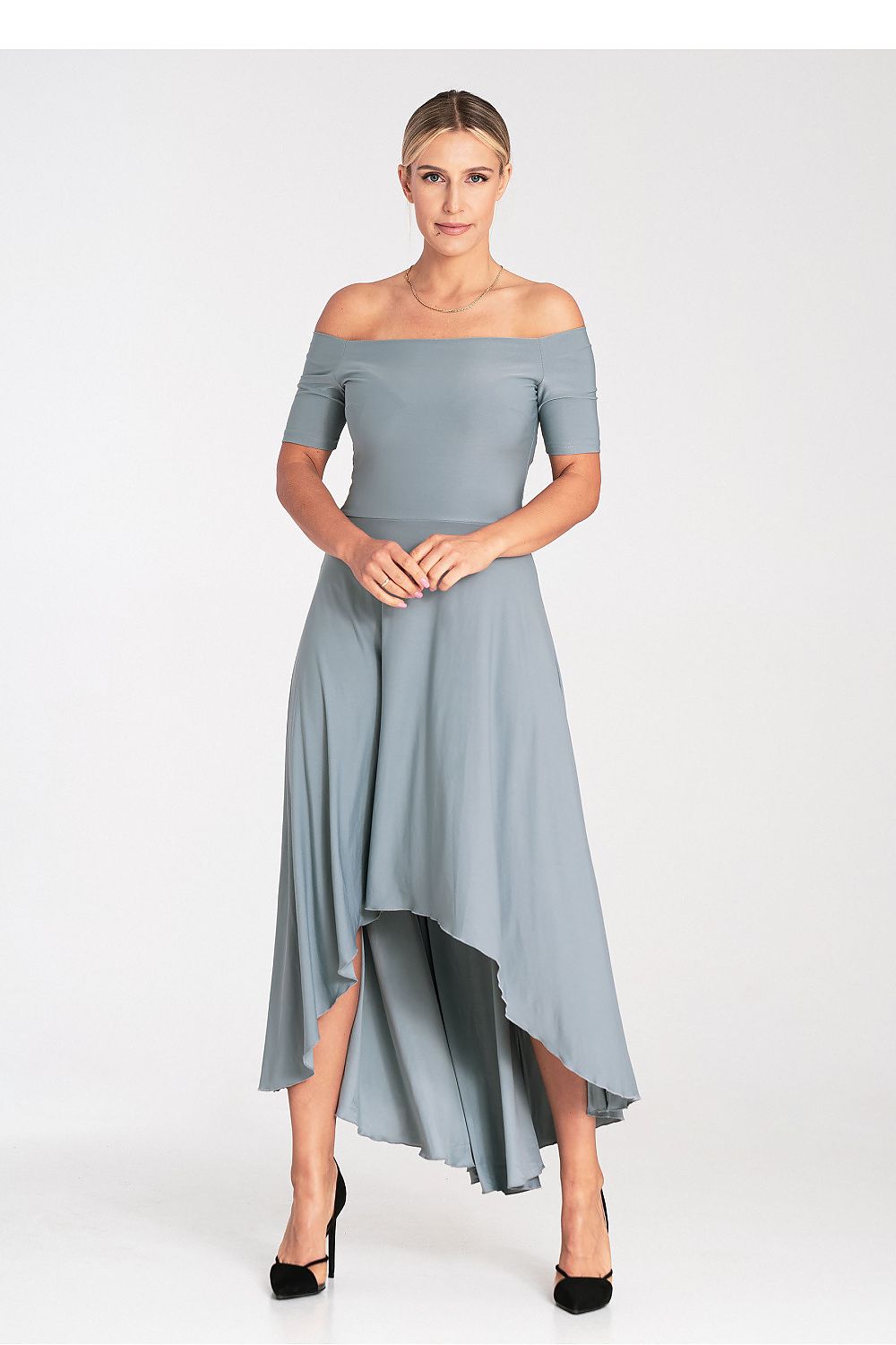 Elegant Asymmetrical Evening Dress by Figl with Flared Hem and Zip Back Closure