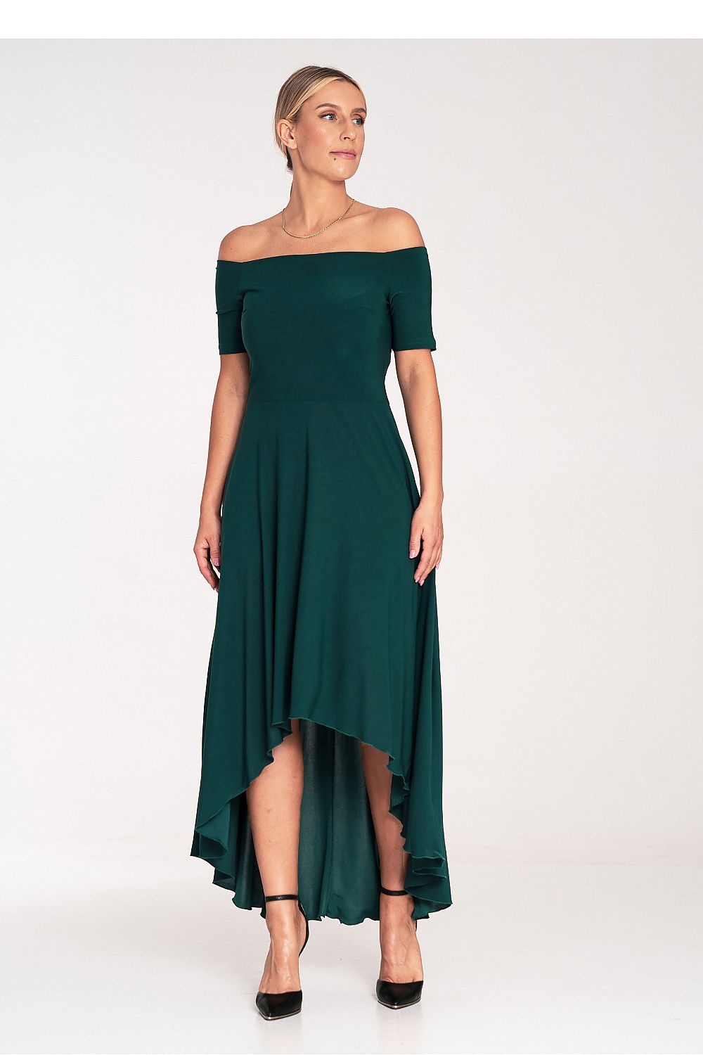 Elegant Asymmetrical Evening Dress by Figl with Flared Hem and Zip Back Closure