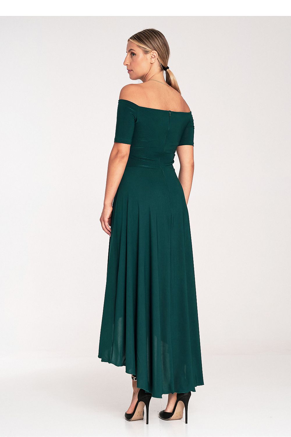 Elegant Asymmetrical Evening Dress by Figl with Flared Hem and Zip Back Closure