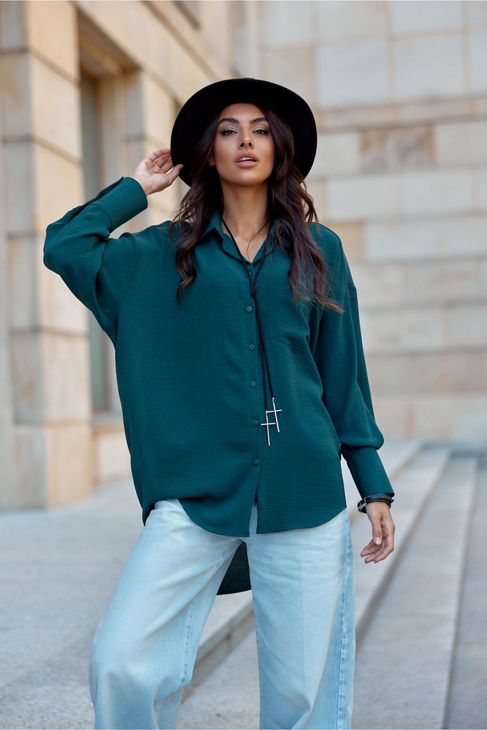 Asymmetrical Oversized Long Sleeve Women's Shirt with Classic Collar from Roco Fashion