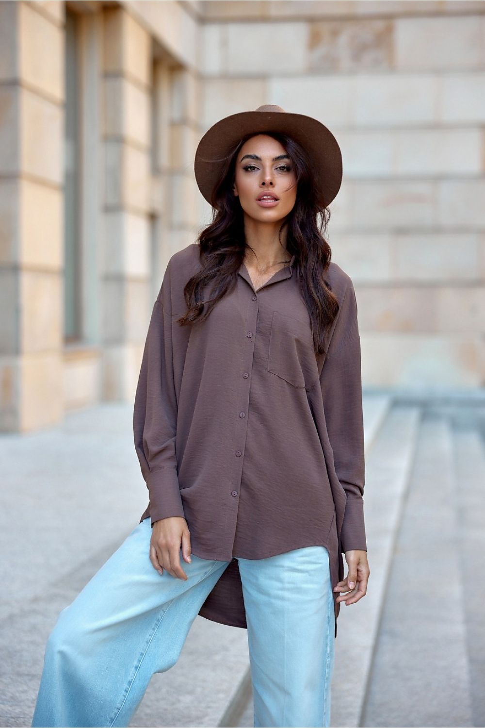 Asymmetrical Oversized Long Sleeve Women's Shirt with Classic Collar from Roco Fashion