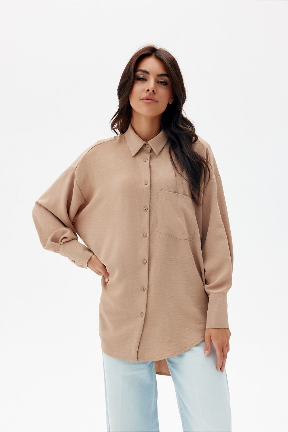 Asymmetrical Oversized Long Sleeve Women's Shirt with Classic Collar from Roco Fashion