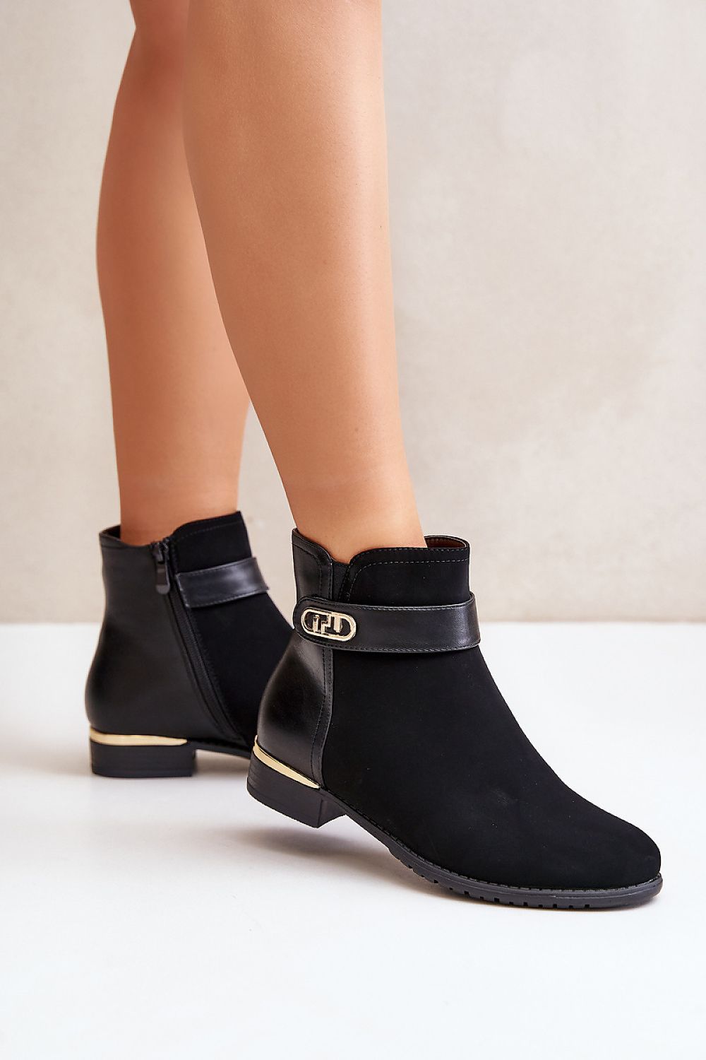 Elegant Eco-Suede Low Boots With Gold Detail And Warm Shoe Blanket - 12.5cm Upper, 3cm Heel