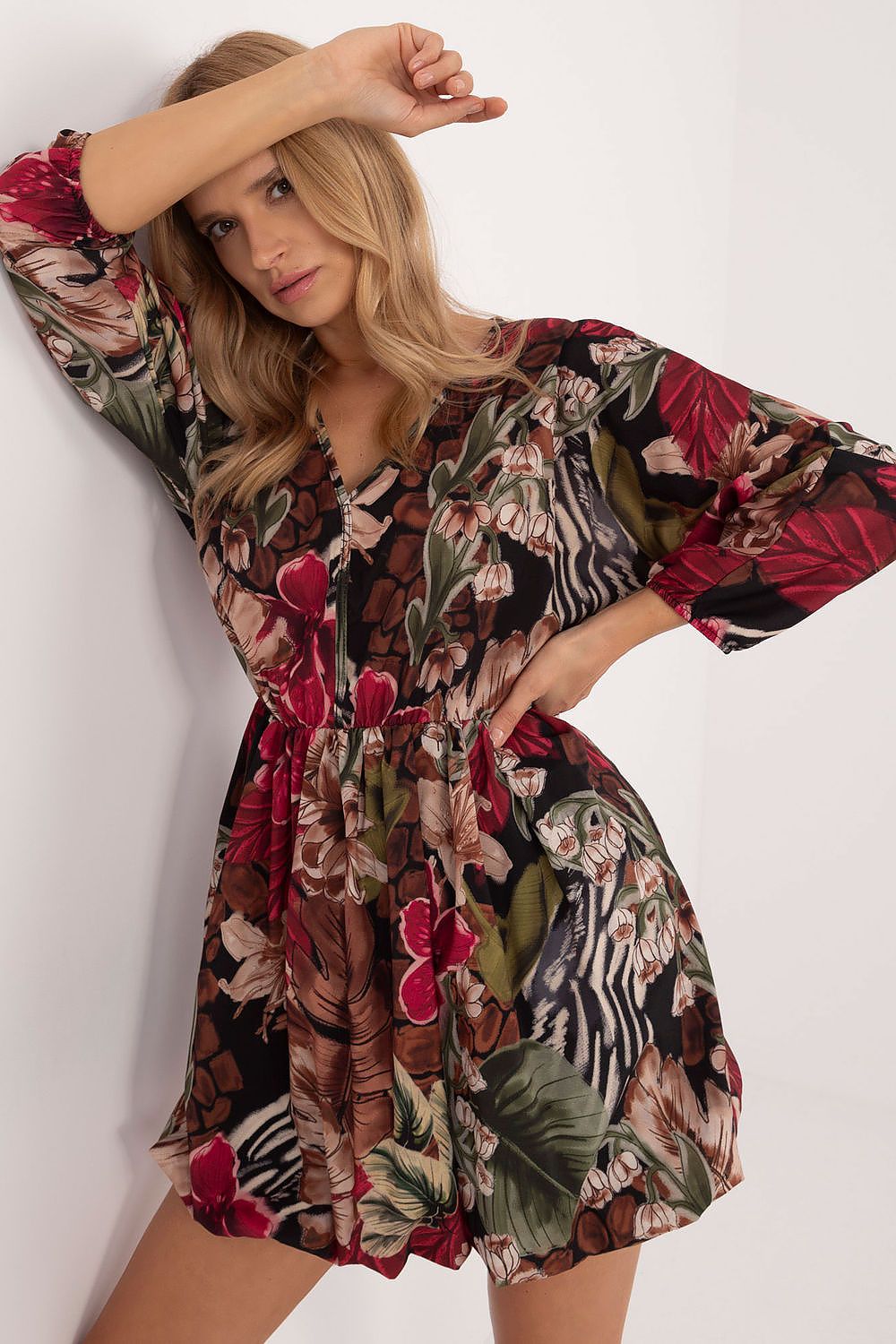 Flared Mini Dress with Animal Motif and Heart Neckline | Lightweight Polyester by Italy Moda