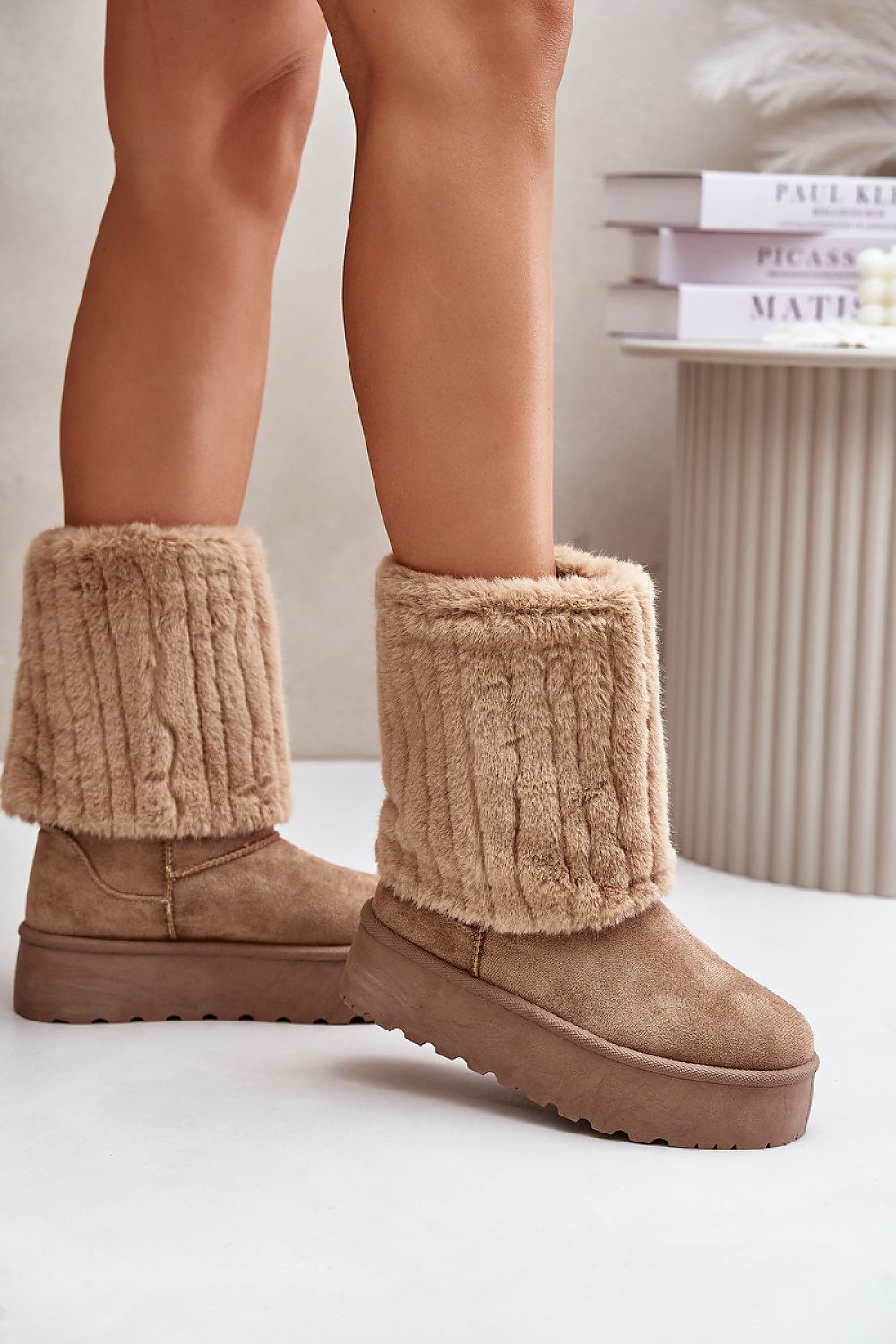 High Women's Snow Boots in Ecological Suede with Fur Lining - Platform Style, EU 36-41