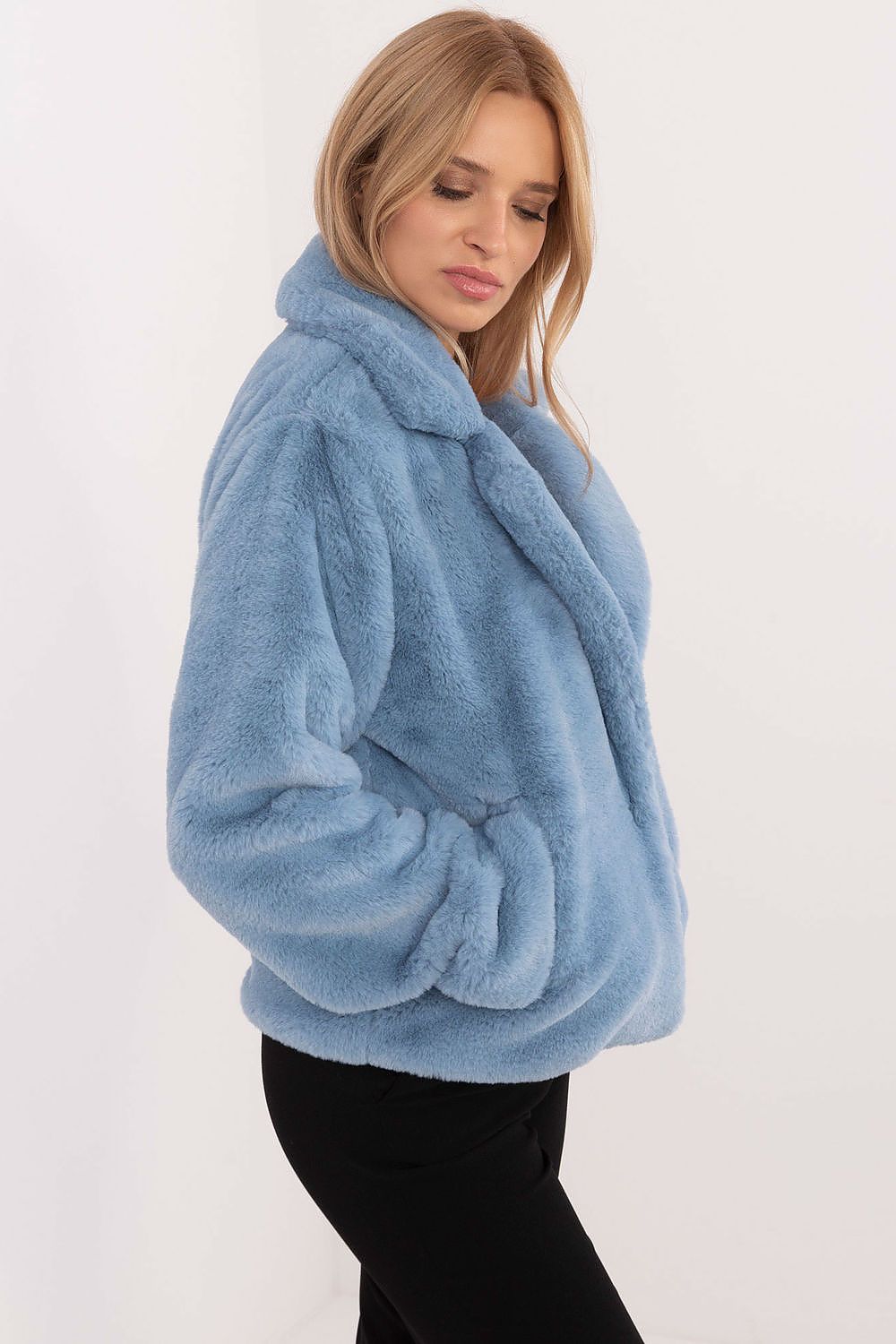 Elegant Blue Viscose Fur Jacket with Lined Collar, Sizes EU 0, Lightweight for Autumn-Winter