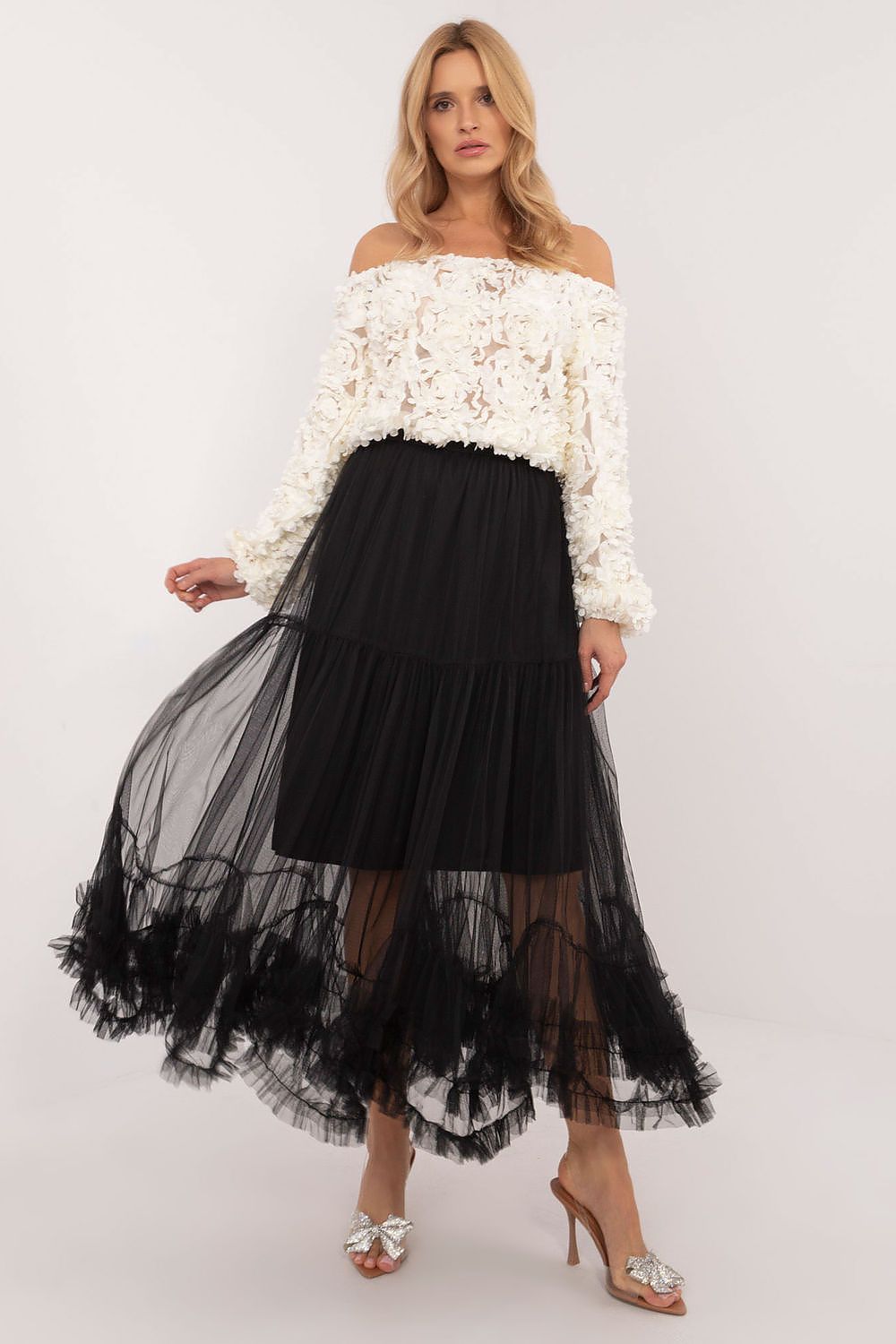 Elegant Boho Maxi Tulle Skirt with Ruffle, EU Size 0, Comfortable Elastic Waistband, Polyester