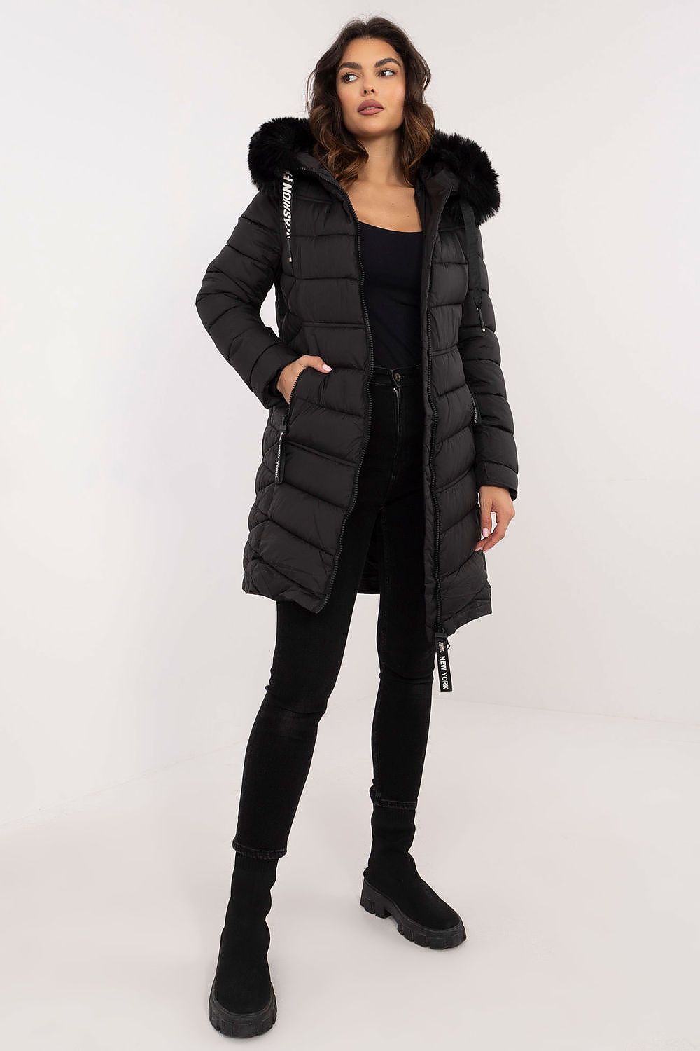 Luxury Knee-Length Quilted Jacket with Detachable Fur Hood - Sizes S to XXL