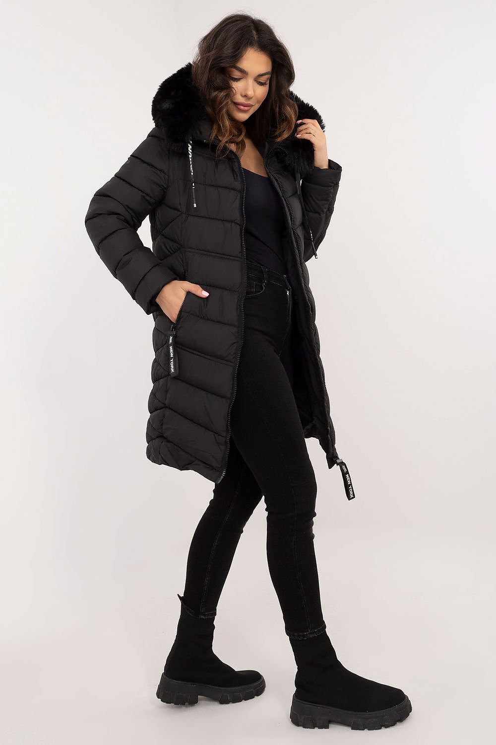 Luxury Knee-Length Quilted Jacket with Detachable Fur Hood - Sizes S to XXL