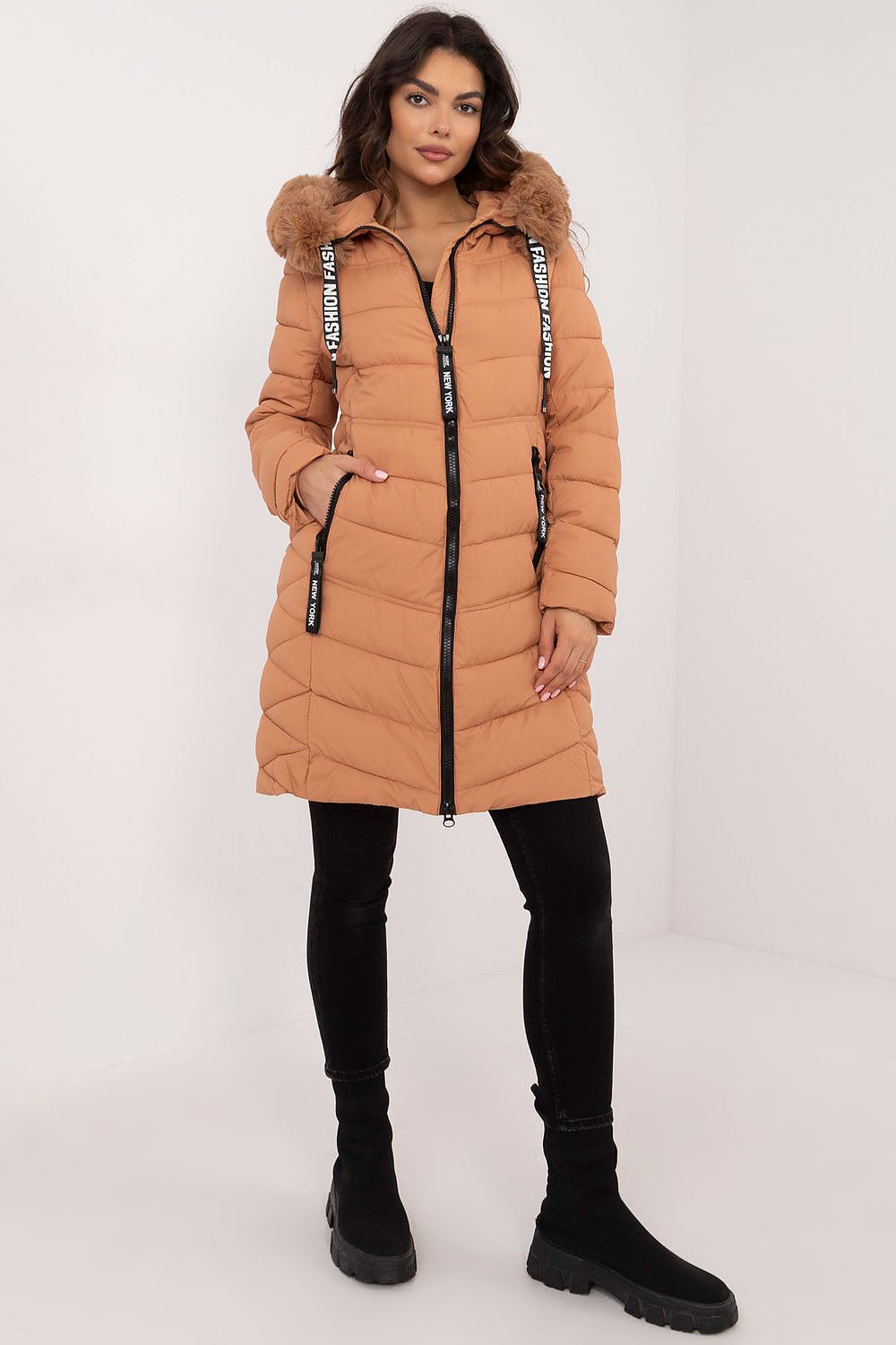 Luxury Knee-Length Quilted Jacket with Detachable Fur Hood - Sizes S to XXL