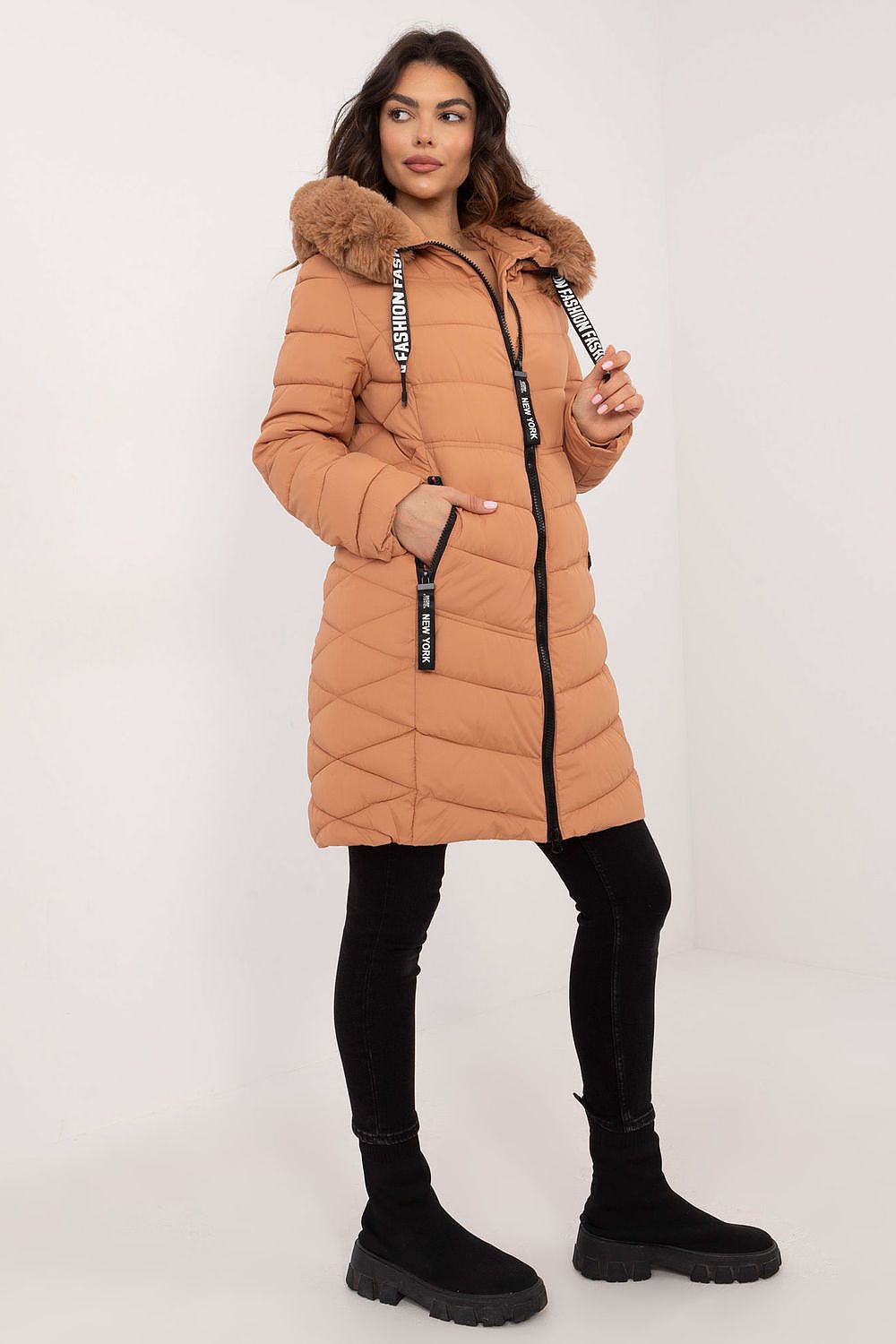Luxury Knee-Length Quilted Jacket with Detachable Fur Hood - Sizes S to XXL