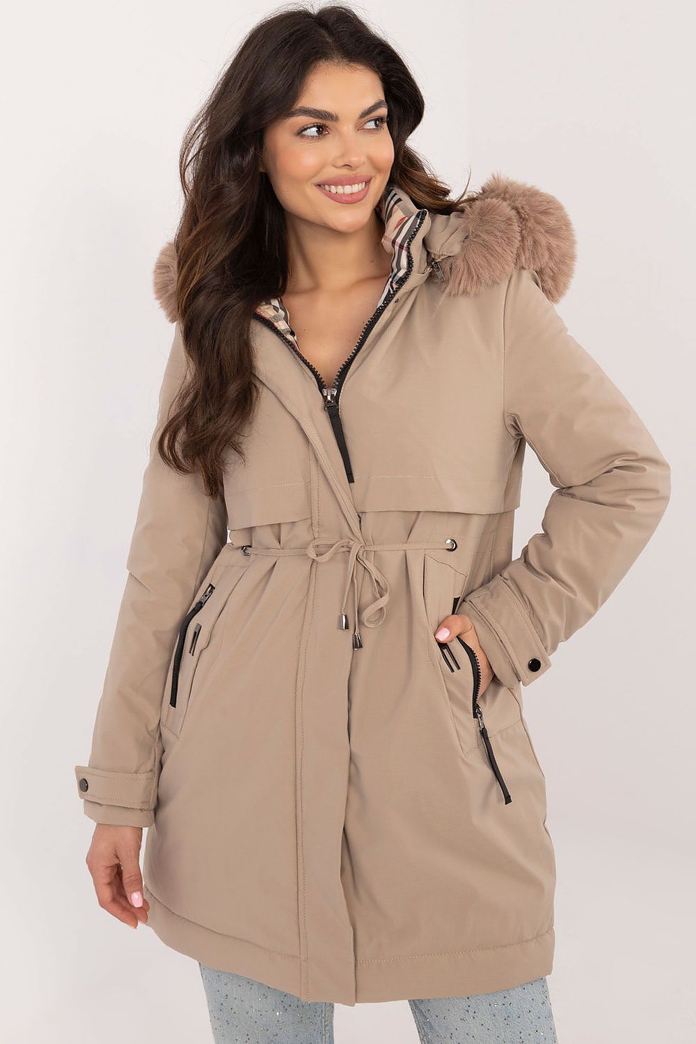Luxury Quilted Jacket With Detachable Fur Hood, Waist Belt And Zipper Pockets - Sizes S, M, L, XL, XXL