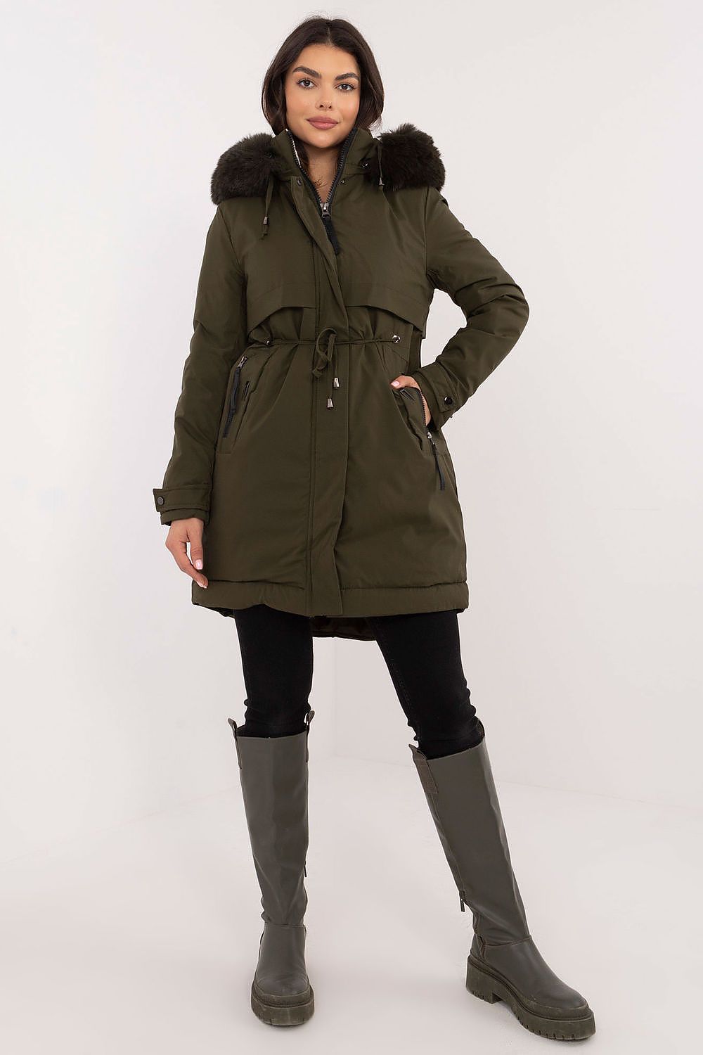 Luxury Quilted Jacket With Detachable Fur Hood, Waist Belt And Zipper Pockets - Sizes S, M, L, XL, XXL