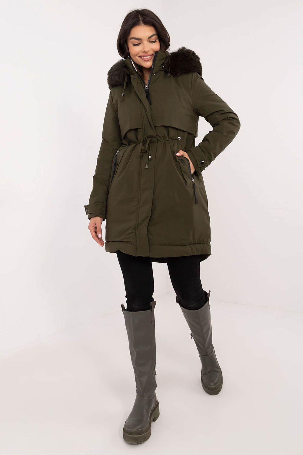 Luxury Quilted Jacket With Detachable Fur Hood, Waist Belt And Zipper Pockets - Sizes S, M, L, XL, XXL