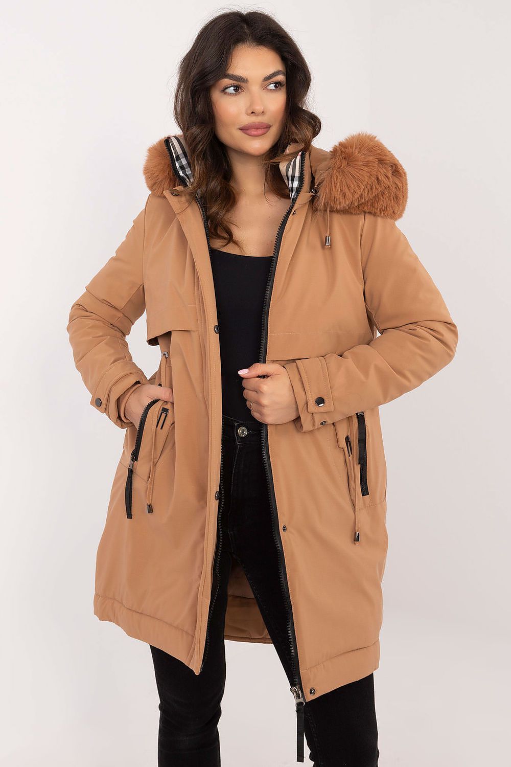 Luxury Quilted Jacket With Detachable Fur Hood, Waist Belt And Zipper Pockets - Sizes S, M, L, XL, XXL
