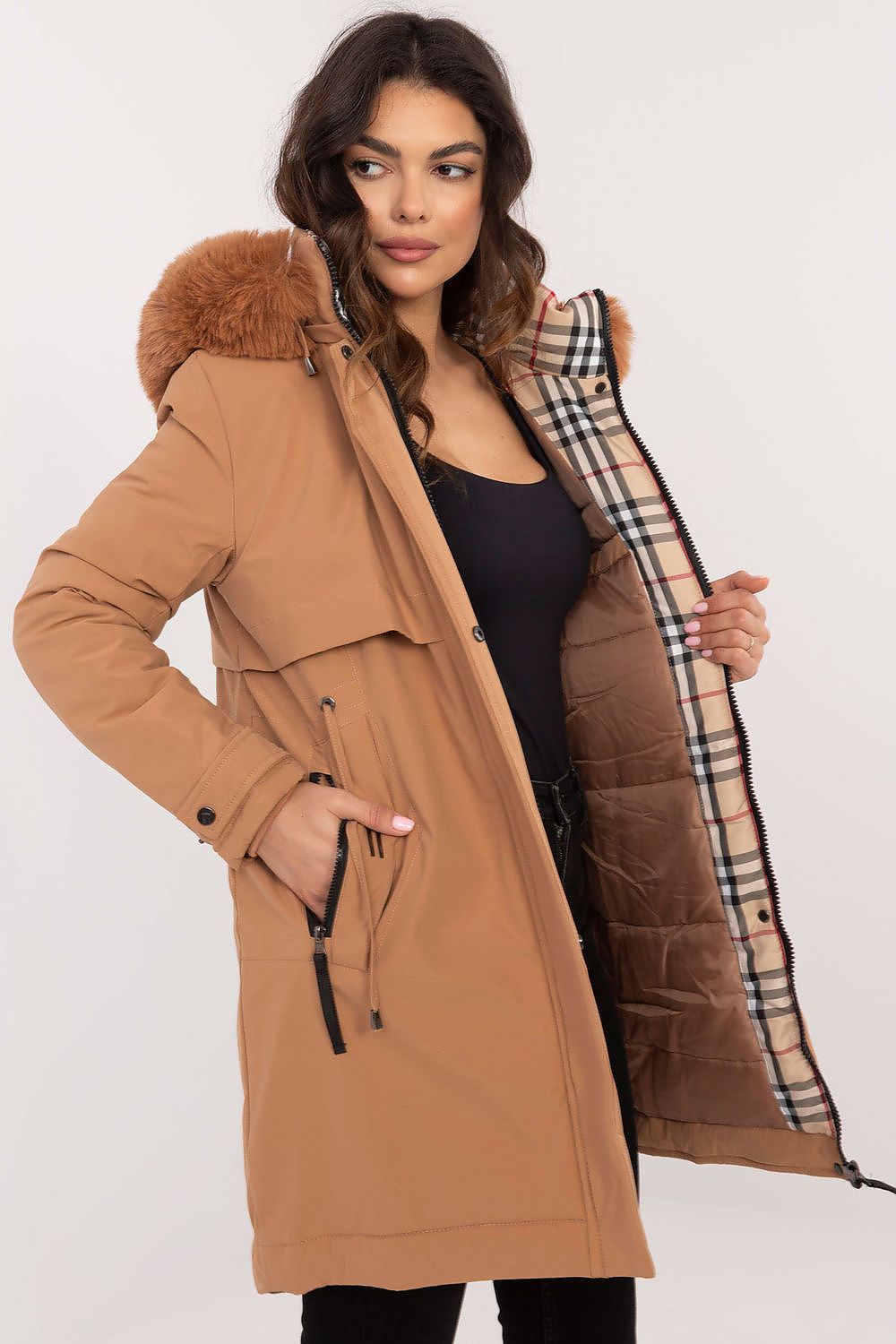 Luxury Quilted Jacket With Detachable Fur Hood, Waist Belt And Zipper Pockets - Sizes S, M, L, XL, XXL