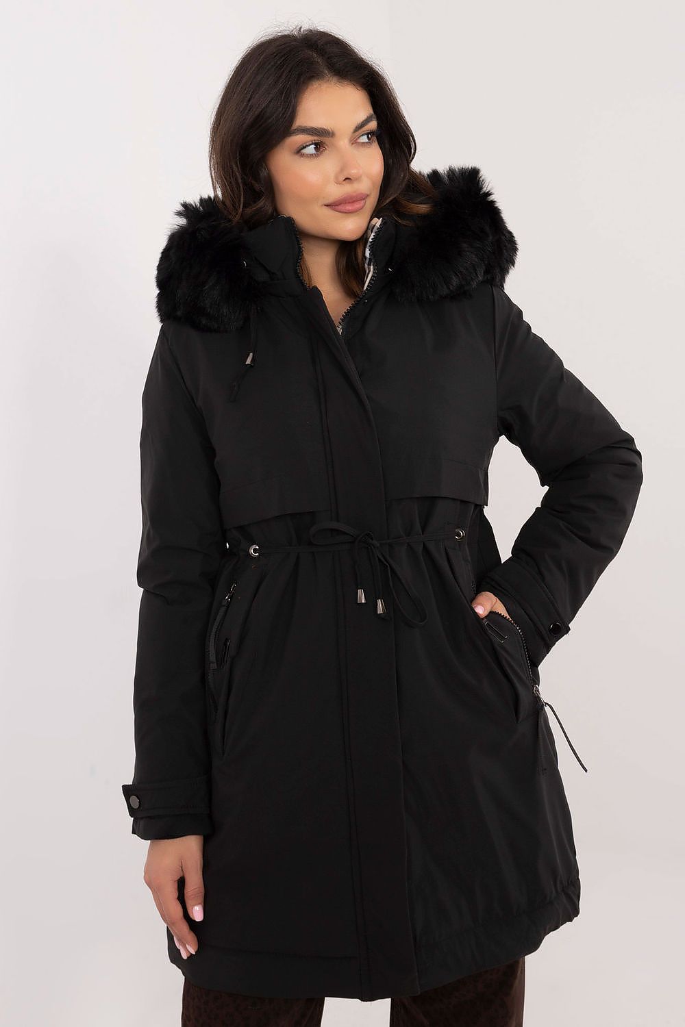 Luxury Quilted Jacket With Detachable Fur Hood, Waist Belt And Zipper Pockets - Sizes S, M, L, XL, XXL