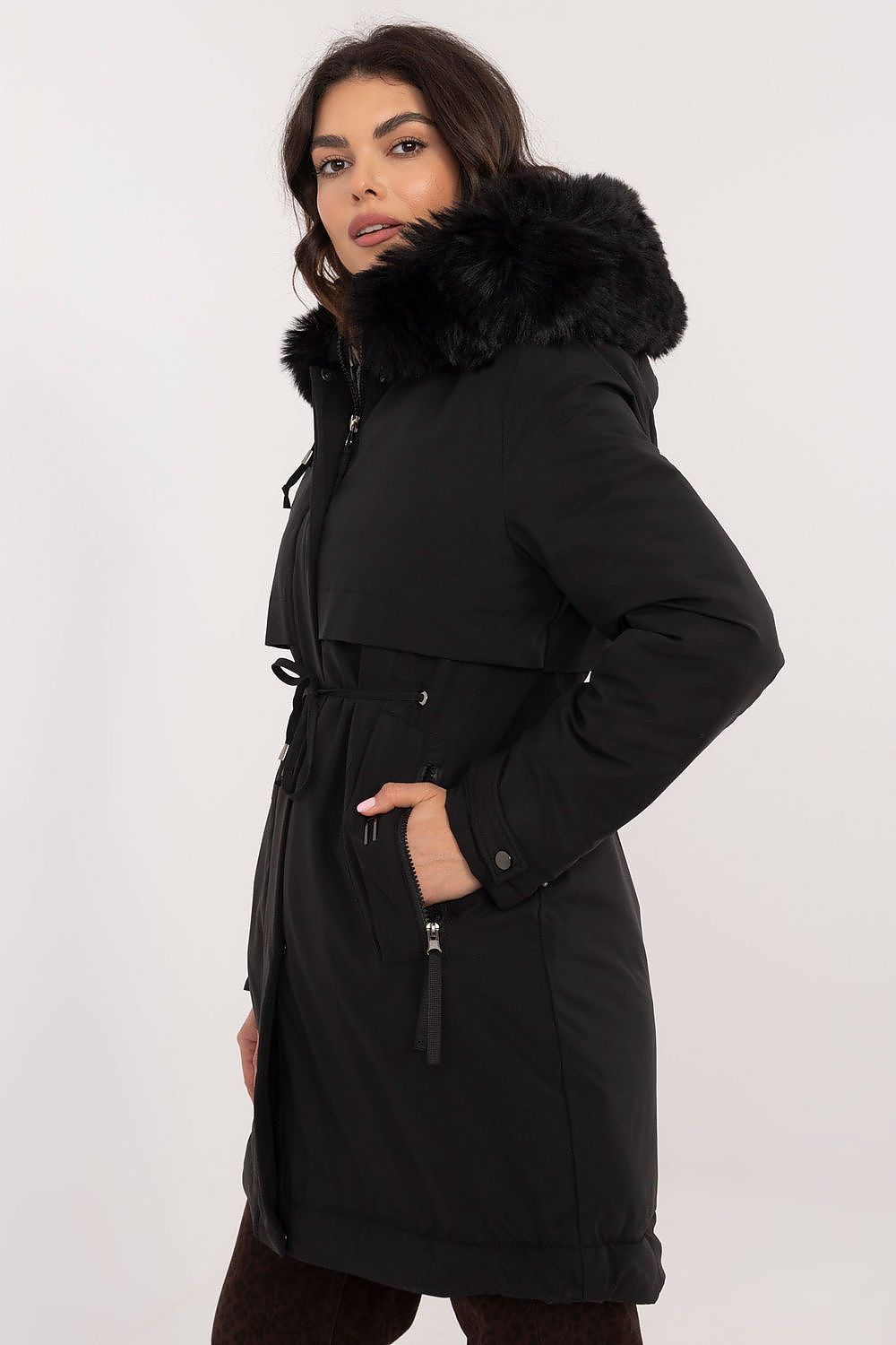 Luxury Quilted Jacket With Detachable Fur Hood, Waist Belt And Zipper Pockets - Sizes S, M, L, XL, XXL