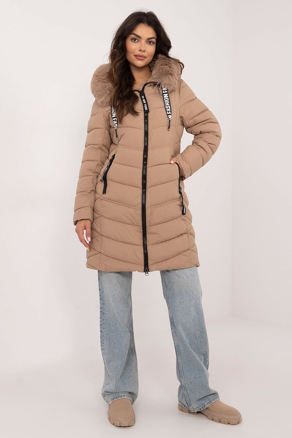 Luxury Knee-Length Quilted Jacket with Detachable Fur Hood - Sizes S to XXL