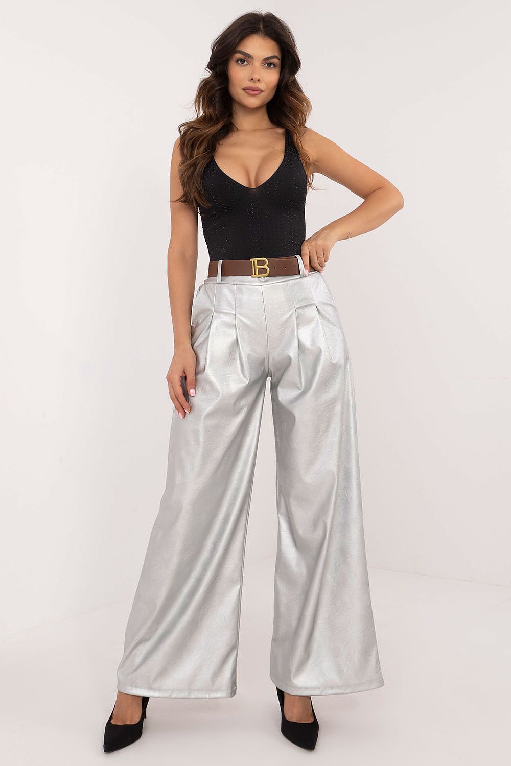 Luxury Eco Leather Wide Leg Trousers with Buckled Waistband for Women - High Rise - EU Size 0