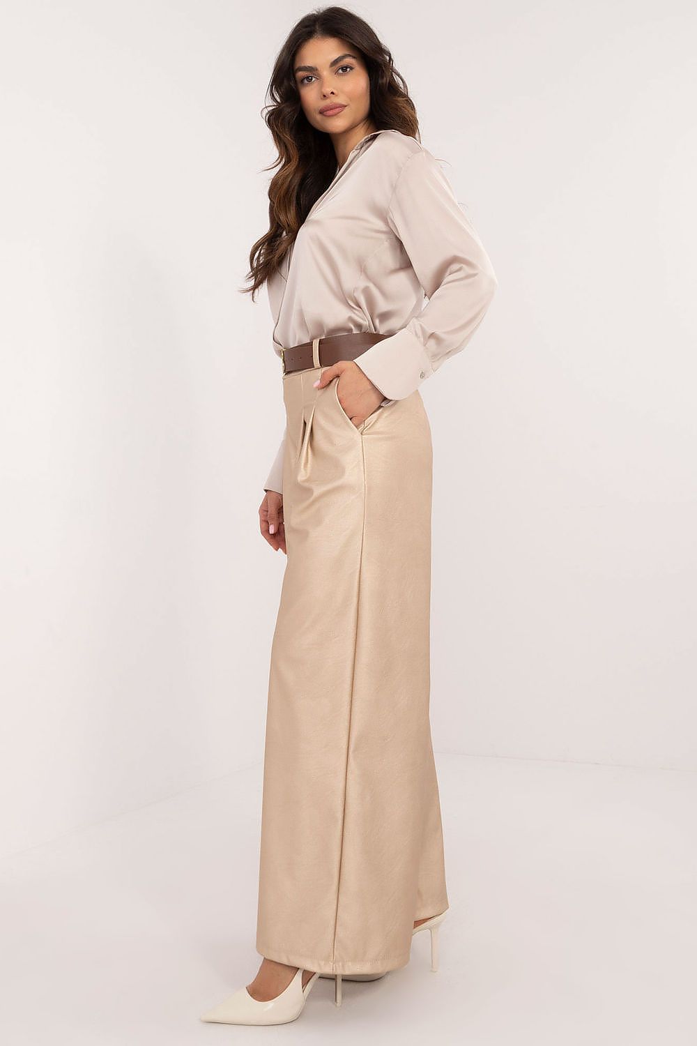 Luxury Eco Leather Wide Leg Trousers with Buckled Waistband for Women - High Rise - EU Size 0