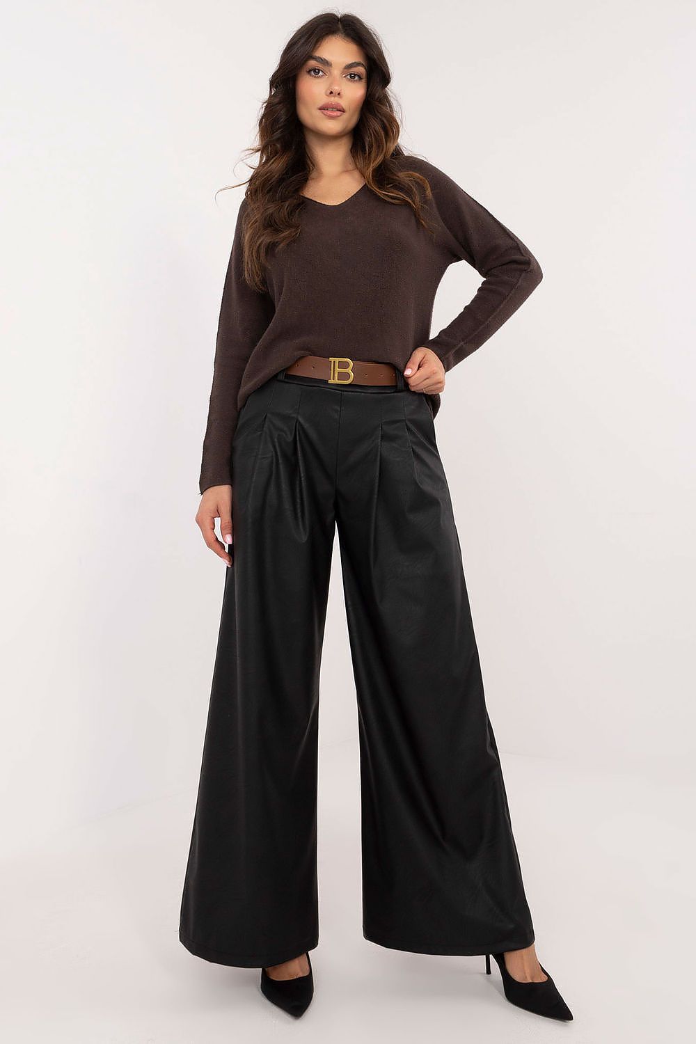 Luxury Eco Leather Wide Leg Trousers with Buckled Waistband for Women - High Rise - EU Size 0