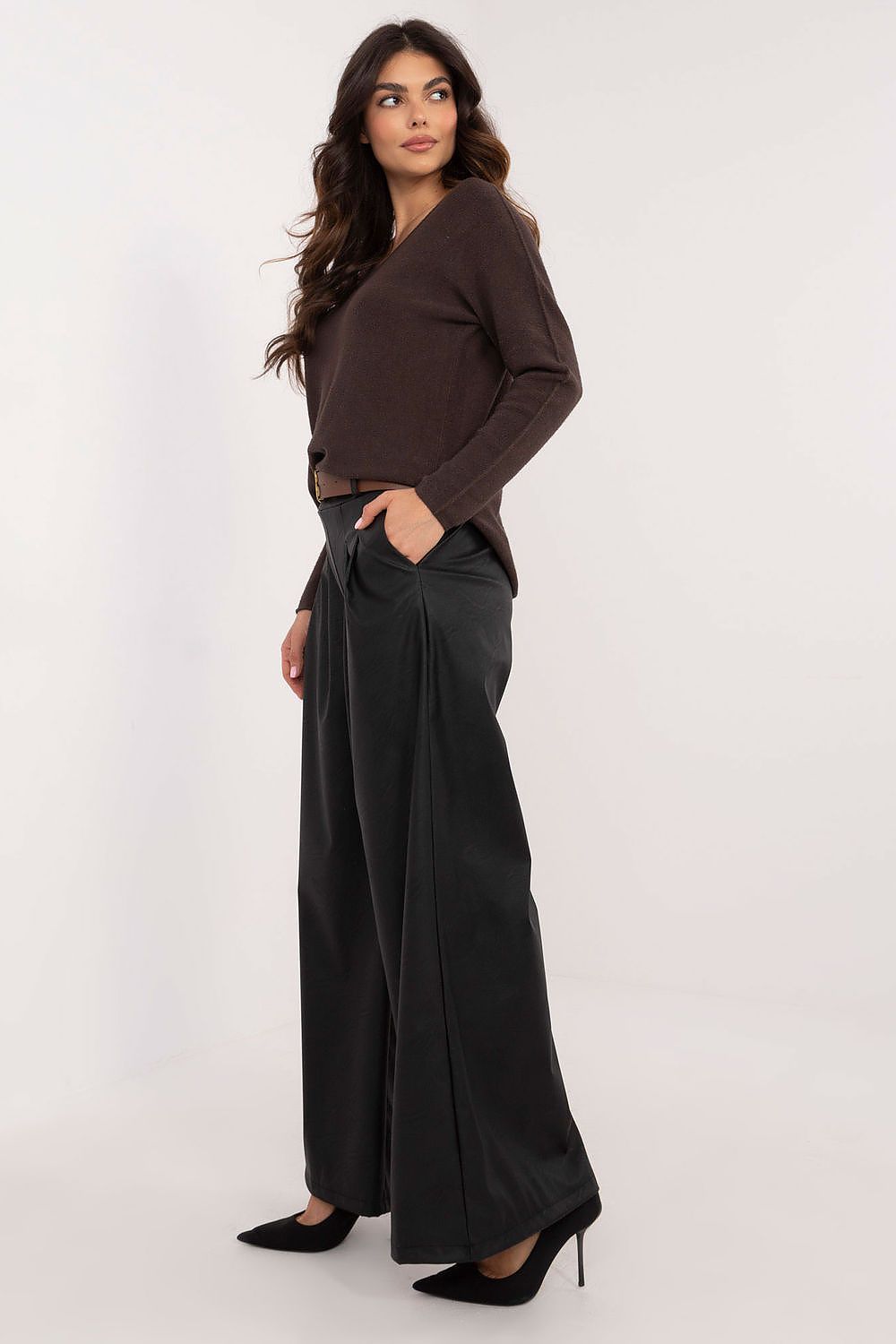 Luxury Eco Leather Wide Leg Trousers with Buckled Waistband for Women - High Rise - EU Size 0