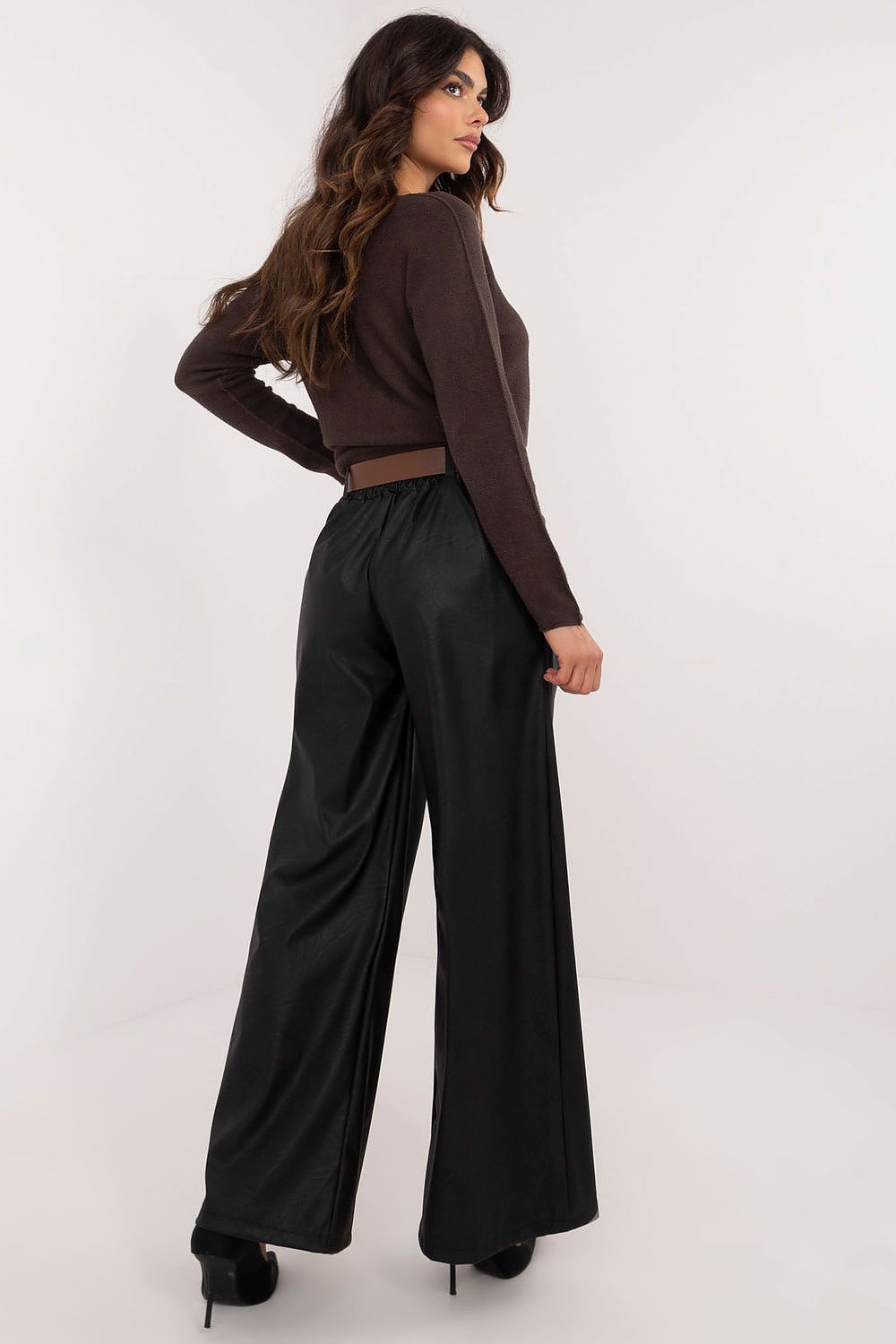 Luxury Eco Leather Wide Leg Trousers with Buckled Waistband for Women - High Rise - EU Size 0