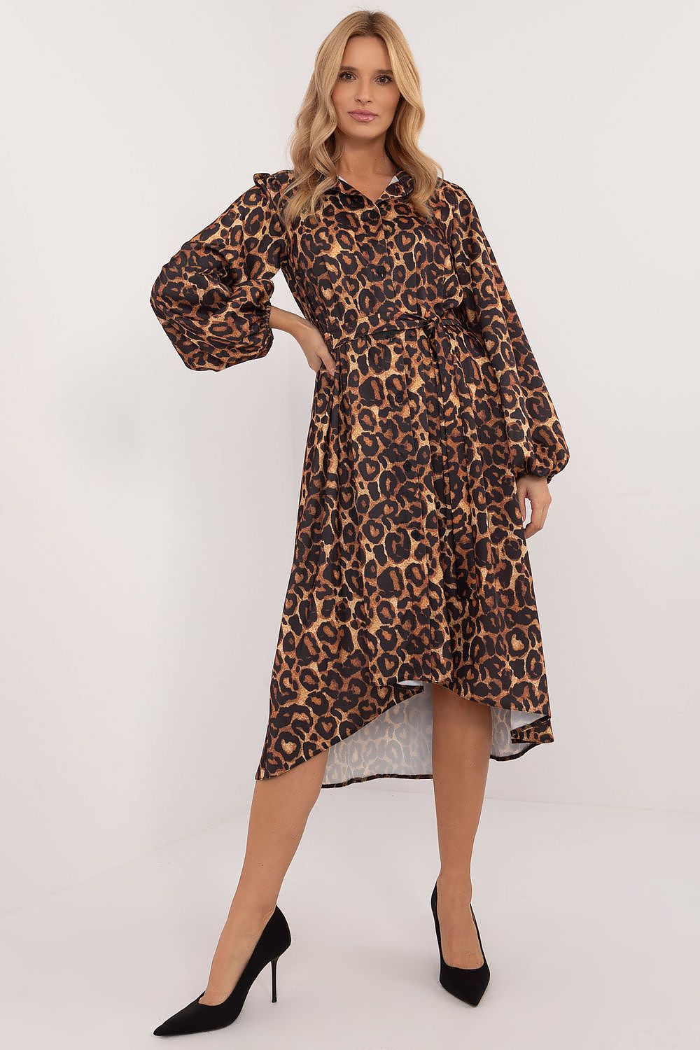 Luxurious Midi Length Asymmetrical Shirt Dress in Animal Print by Lakerta | Sizes S/M, L/XL