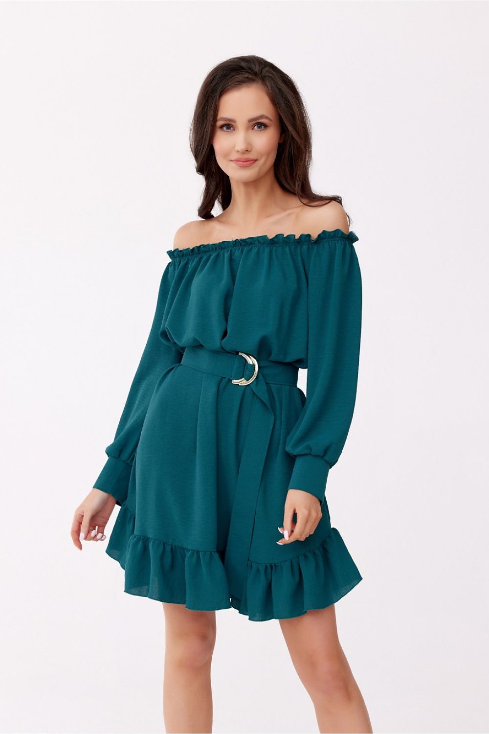 Elegant Roco Fashion Daydress, EU S/M & L/XL, Ruffled Hem, Adjustable Belt, Spanish Neckline, Airy Sleeves