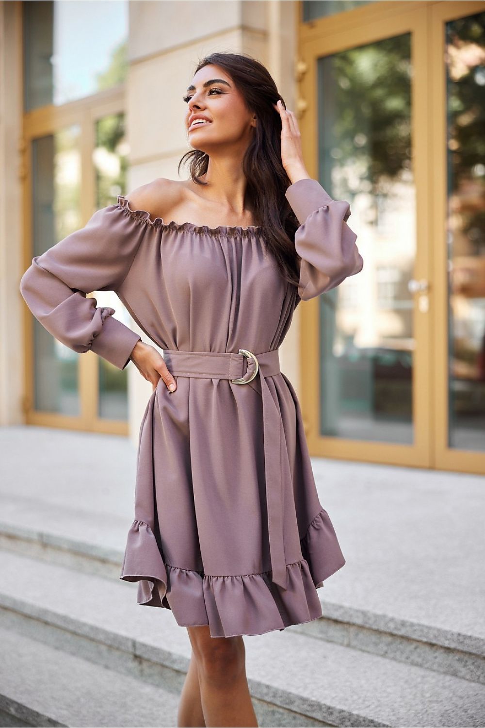 Elegant Roco Fashion Daydress, EU S/M & L/XL, Ruffled Hem, Adjustable Belt, Spanish Neckline, Airy Sleeves
