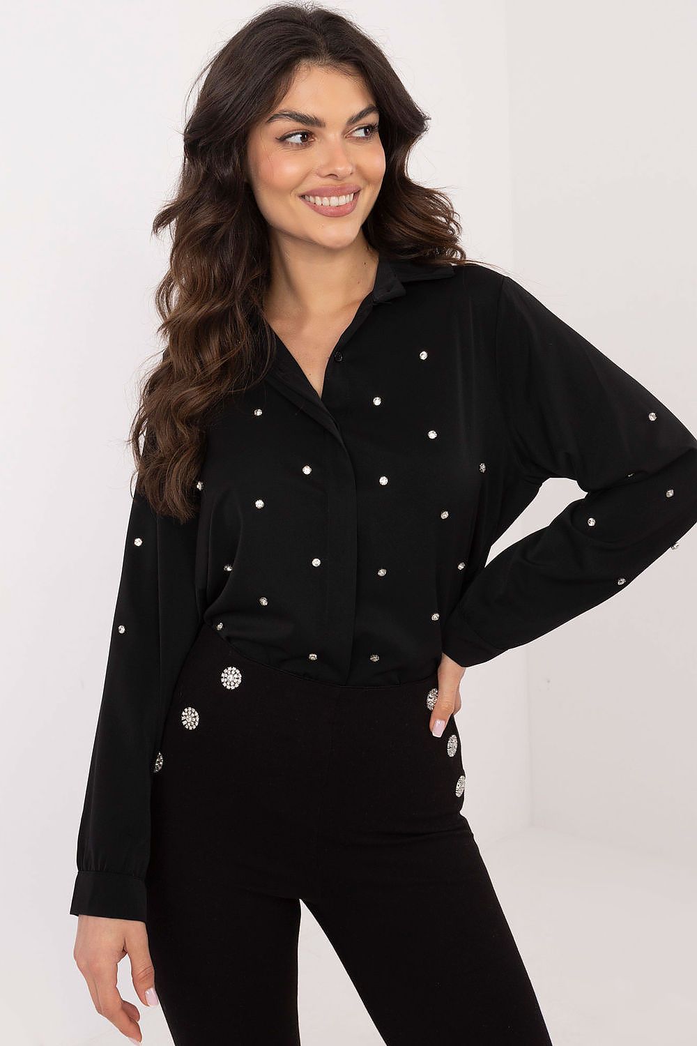 Italy Moda Elegant Long Sleeve Women's Shirt Size EU 0 with Zircon Details - Classic Timeless Fashion