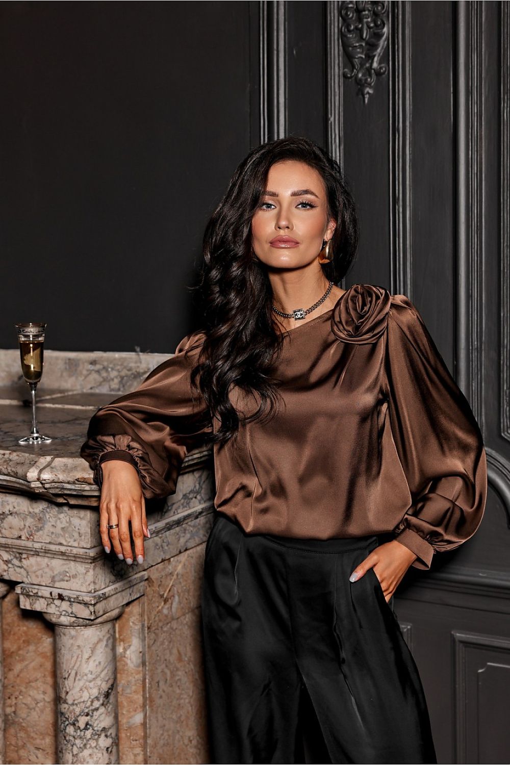 Evelyn Satin Blouse With Rose Detail - Elegant 3/4 Sleeves - Sizes EU 36-42 | Roco Fashion