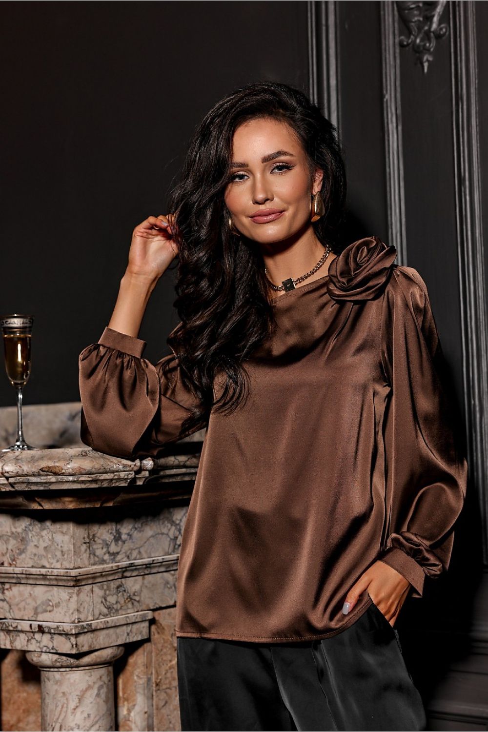 Evelyn Satin Blouse With Rose Detail - Elegant 3/4 Sleeves - Sizes EU 36-42 | Roco Fashion