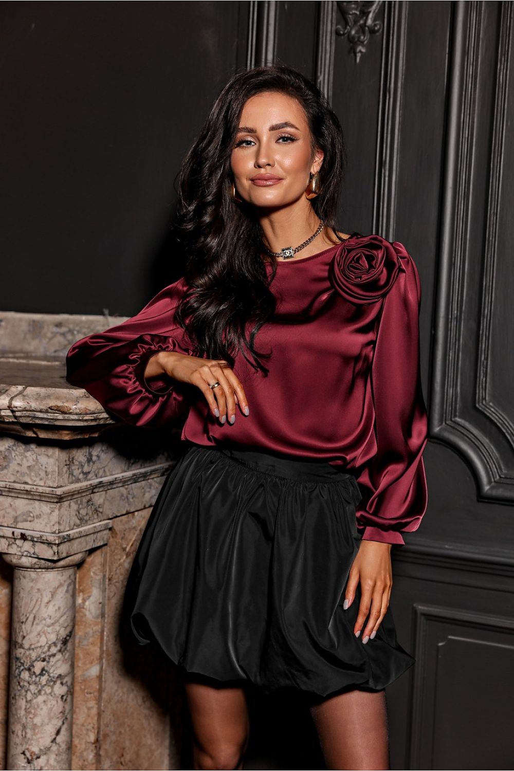 Evelyn Satin Blouse With Rose Detail - Elegant 3/4 Sleeves - Sizes EU 36-42 | Roco Fashion