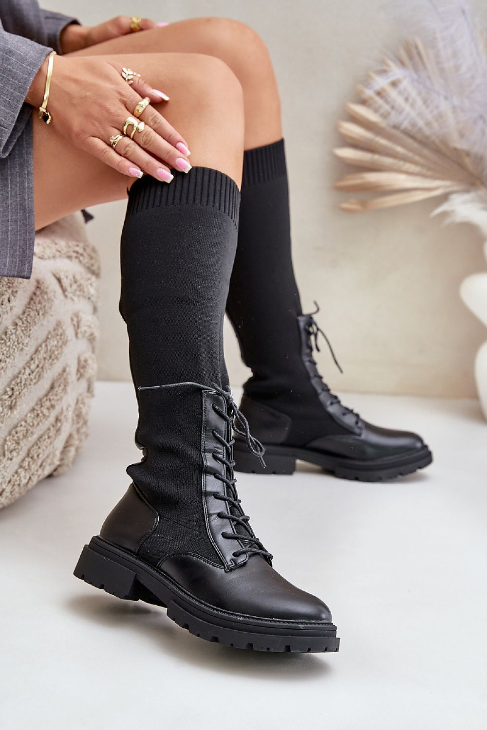 Women's Eco-Leather Thigh-High Boots with Laced Elastic Shaft - 40cm Height, Sizes EU 36-41