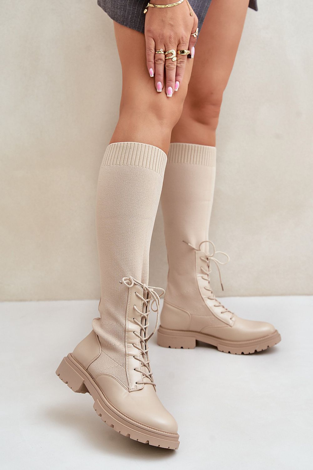 Women's Eco-Leather Thigh-High Boots with Laced Elastic Shaft - 40cm Height, Sizes EU 36-41