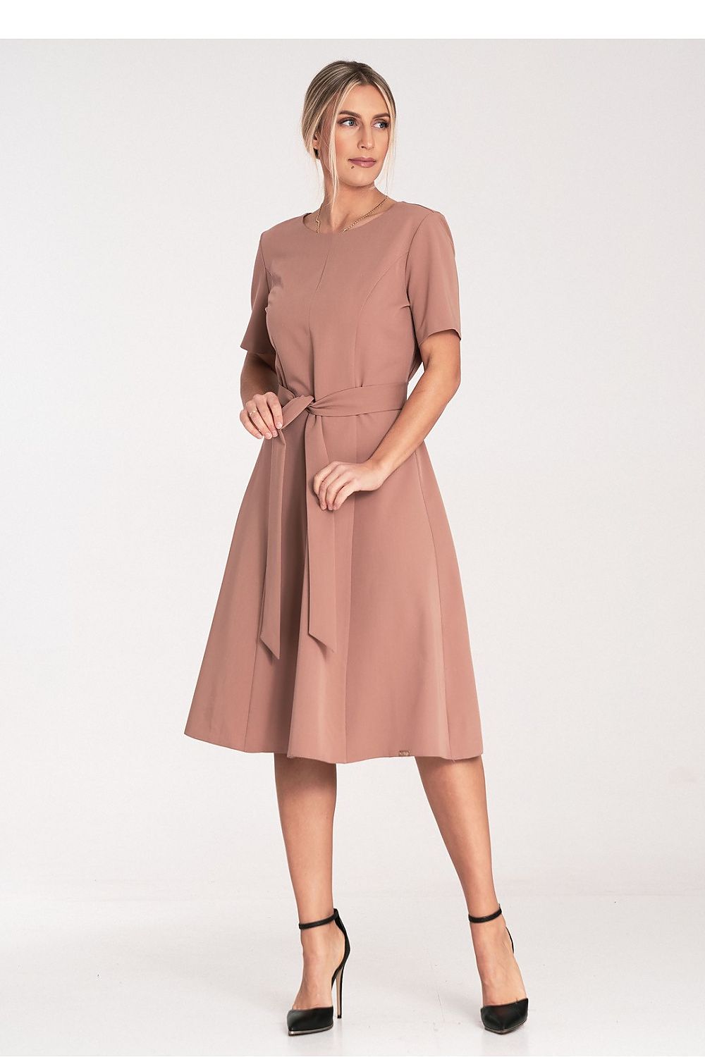 Elegant Figl Classic Midi Dress With Pleats, Boat Neckline, And Belt | Sizes EU S-XL | US S-XL