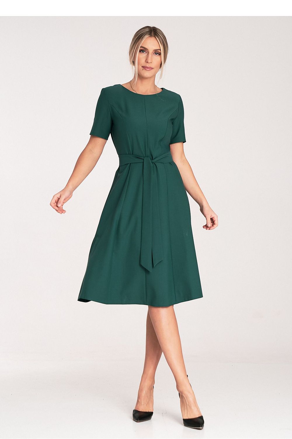 Elegant Figl Classic Midi Dress With Pleats, Boat Neckline, And Belt | Sizes EU S-XL | US S-XL