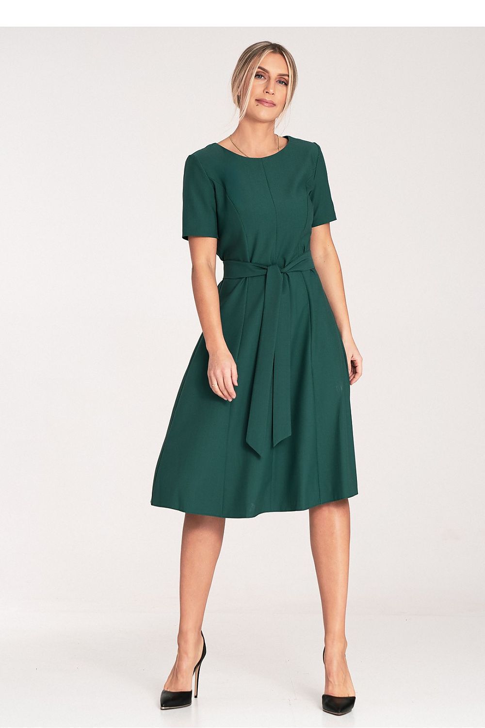 Elegant Figl Classic Midi Dress With Pleats, Boat Neckline, And Belt | Sizes EU S-XL | US S-XL