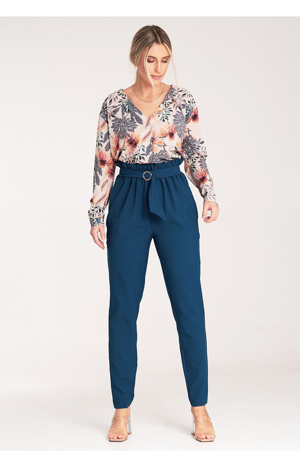 Elegant Women's Figl Trousers with Gold Buckle, EU S-XL | US S-XL, Tapered, Pleated Design