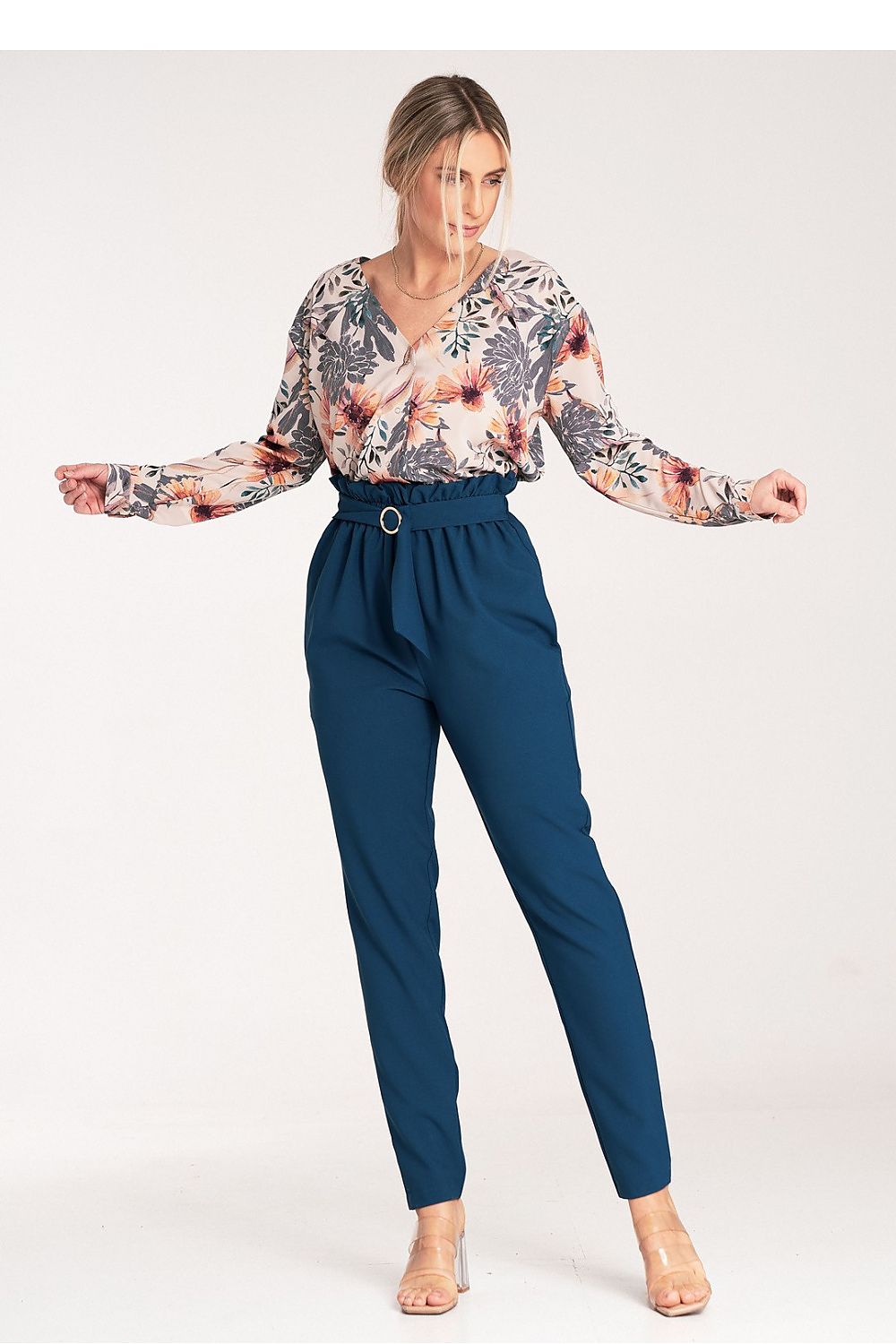 Elegant Women's Figl Trousers with Gold Buckle, EU S-XL | US S-XL, Tapered, Pleated Design