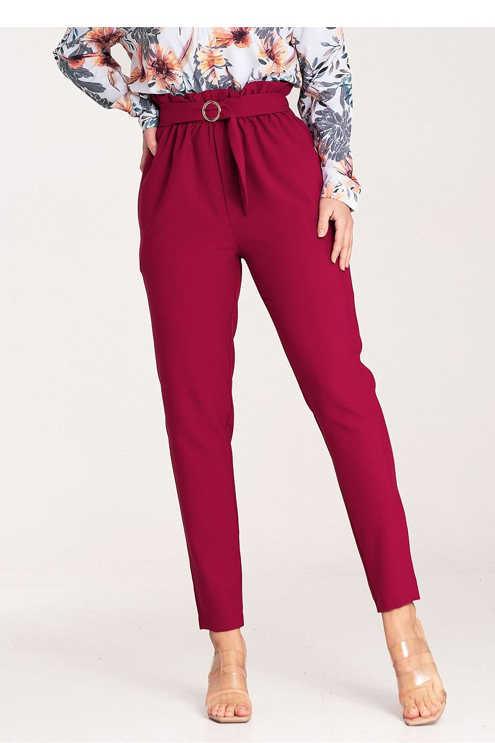 Elegant Women's Figl Trousers with Gold Buckle, EU S-XL | US S-XL, Tapered, Pleated Design