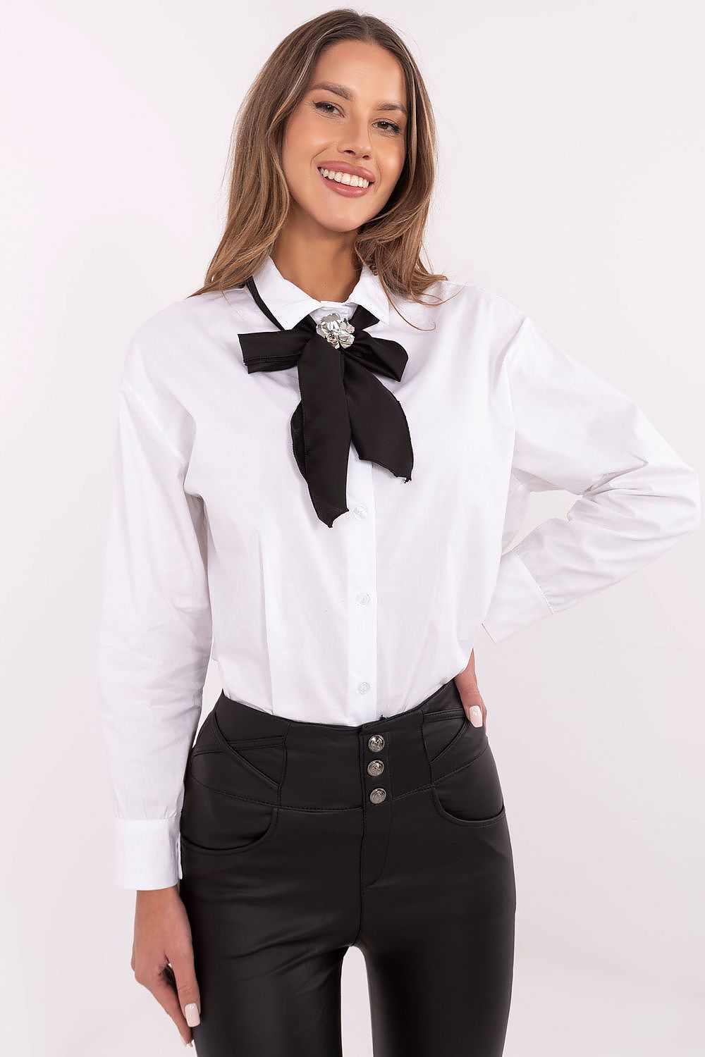 Elegant Long Sleeve Cotton Shirt with Removable Brooch & Scarf - EU Size 0, US Size 2-4 by Italy Moda